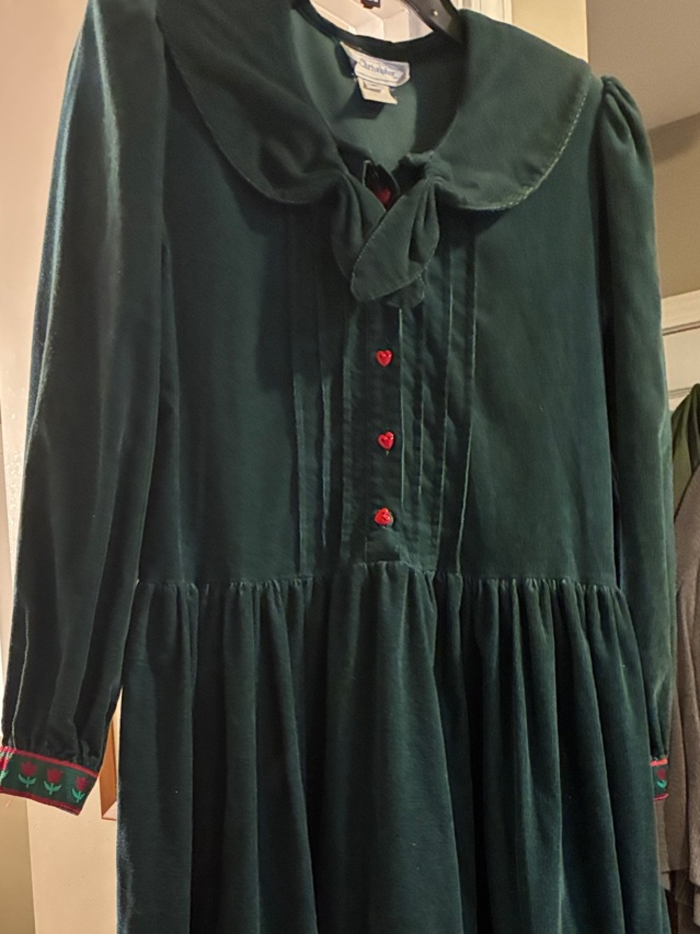 Cottagecore 90s- Forest Green Velvet Maxi Dress with Bow Tie Collar